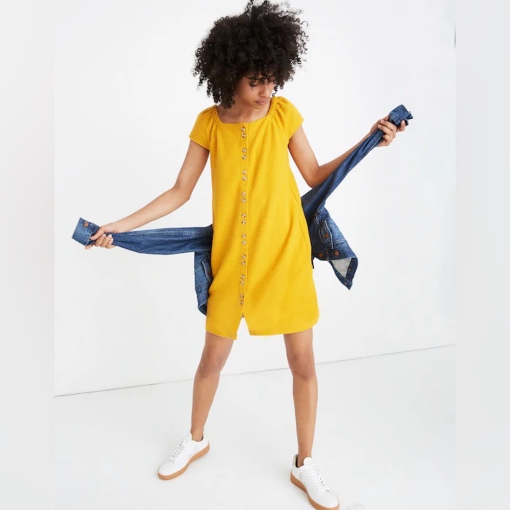 NWOT‎ Madewell Mustard Textured Cap Sleeve Straight Button Slip Dress Yellow M